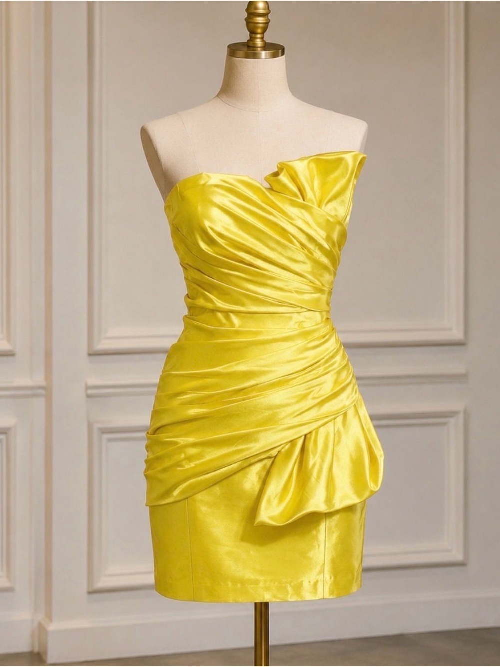Strapless Yellow Satin Ruched Cocktail Dress
